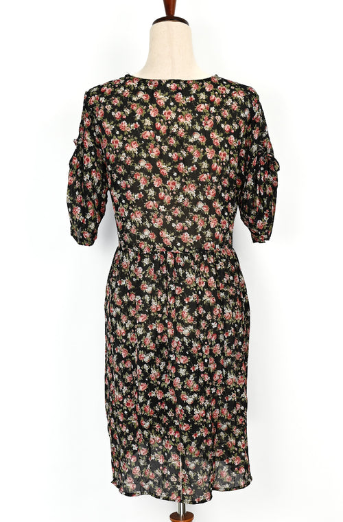 Vintage 90s Black & Red Floral ELISSE JR. Polyester Button Up Dress - 9/10