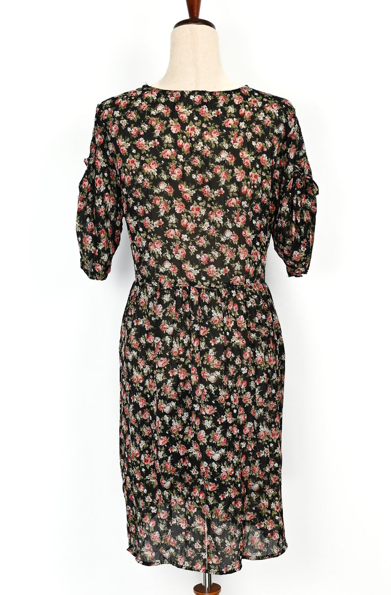 90s button up dress Vintage 90s Black & Red Floral ELISSE JR. Polyester Button Up Dress