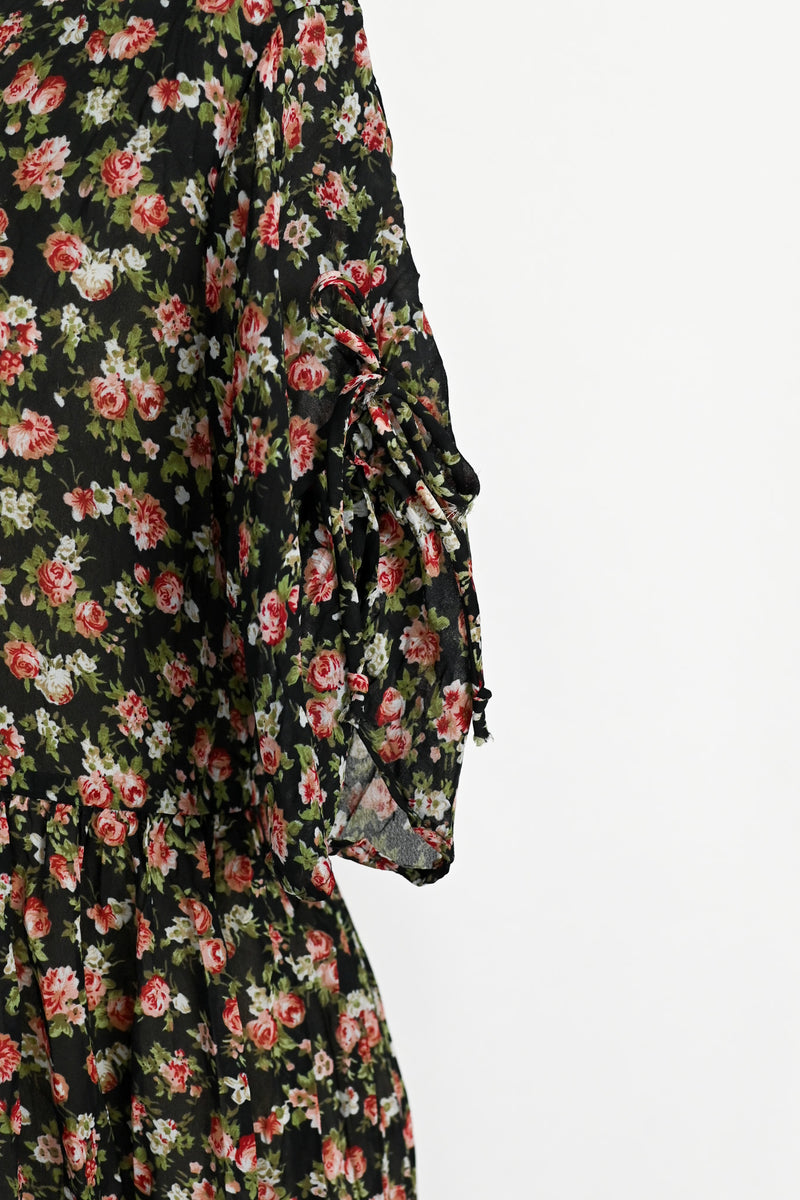 Vintage 90s Black & Red Floral ELISSE JR. Polyester Button Up Dress - 9/10