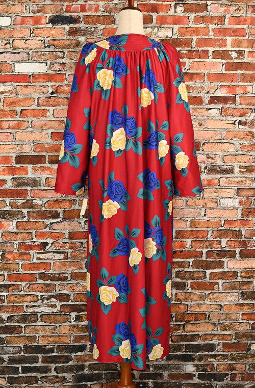 DEADSTOCK - Vintage 70s Red Floral Polyester GRANADA Zip Up House Dress - L