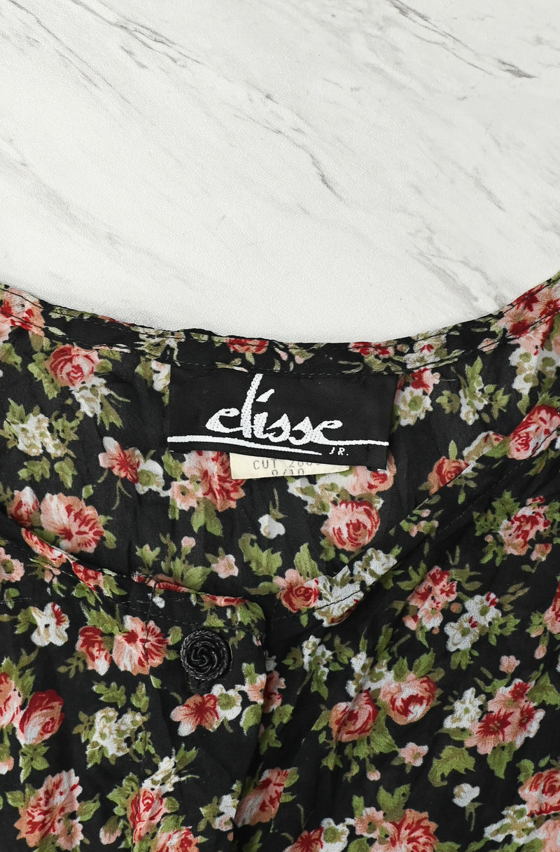 Vintage 90s Black & Red Floral ELISSE JR. Polyester Button Up Dress - 9/10