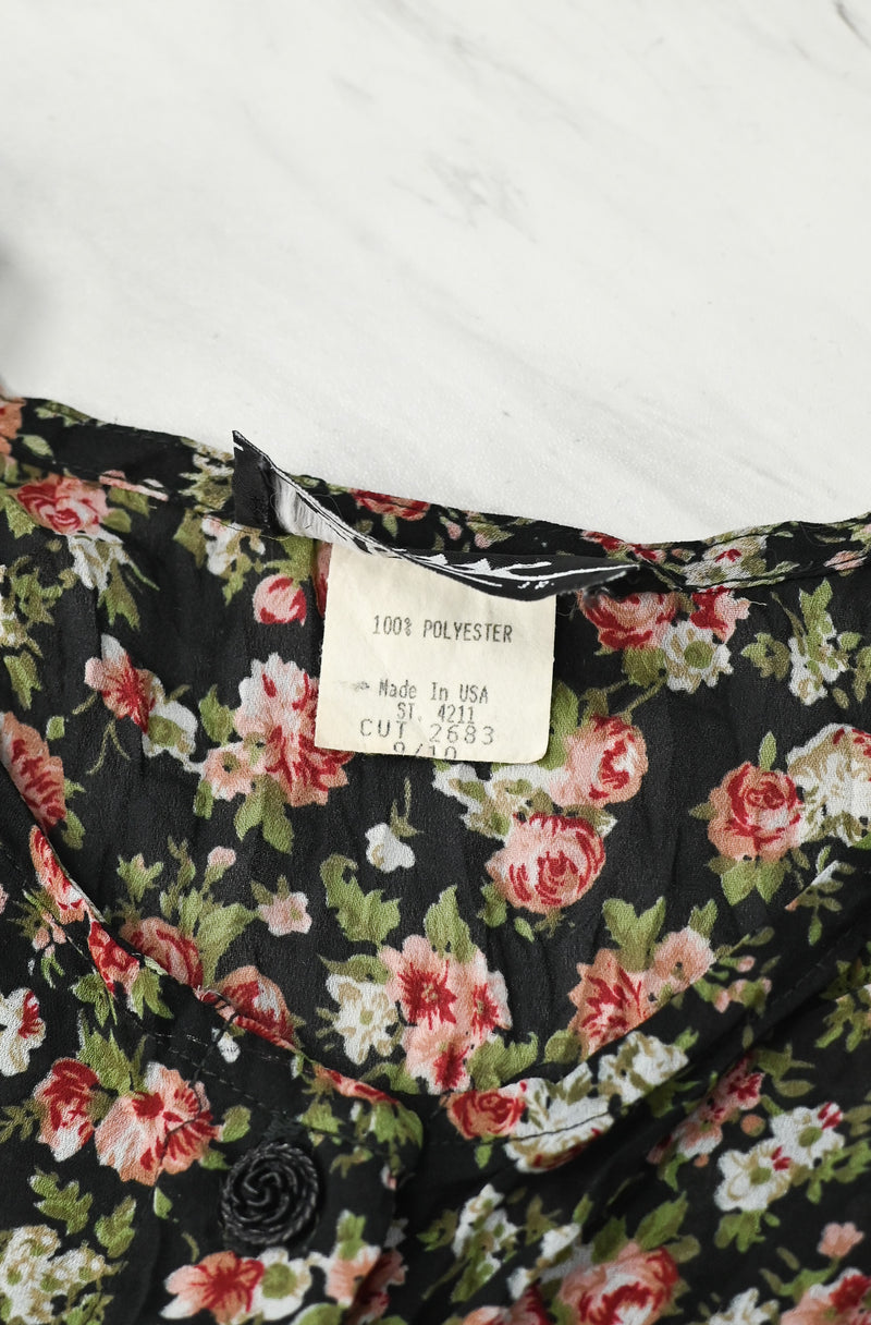 Vintage 90s Black & Red Floral ELISSE JR. Polyester Button Up Dress - 9/10