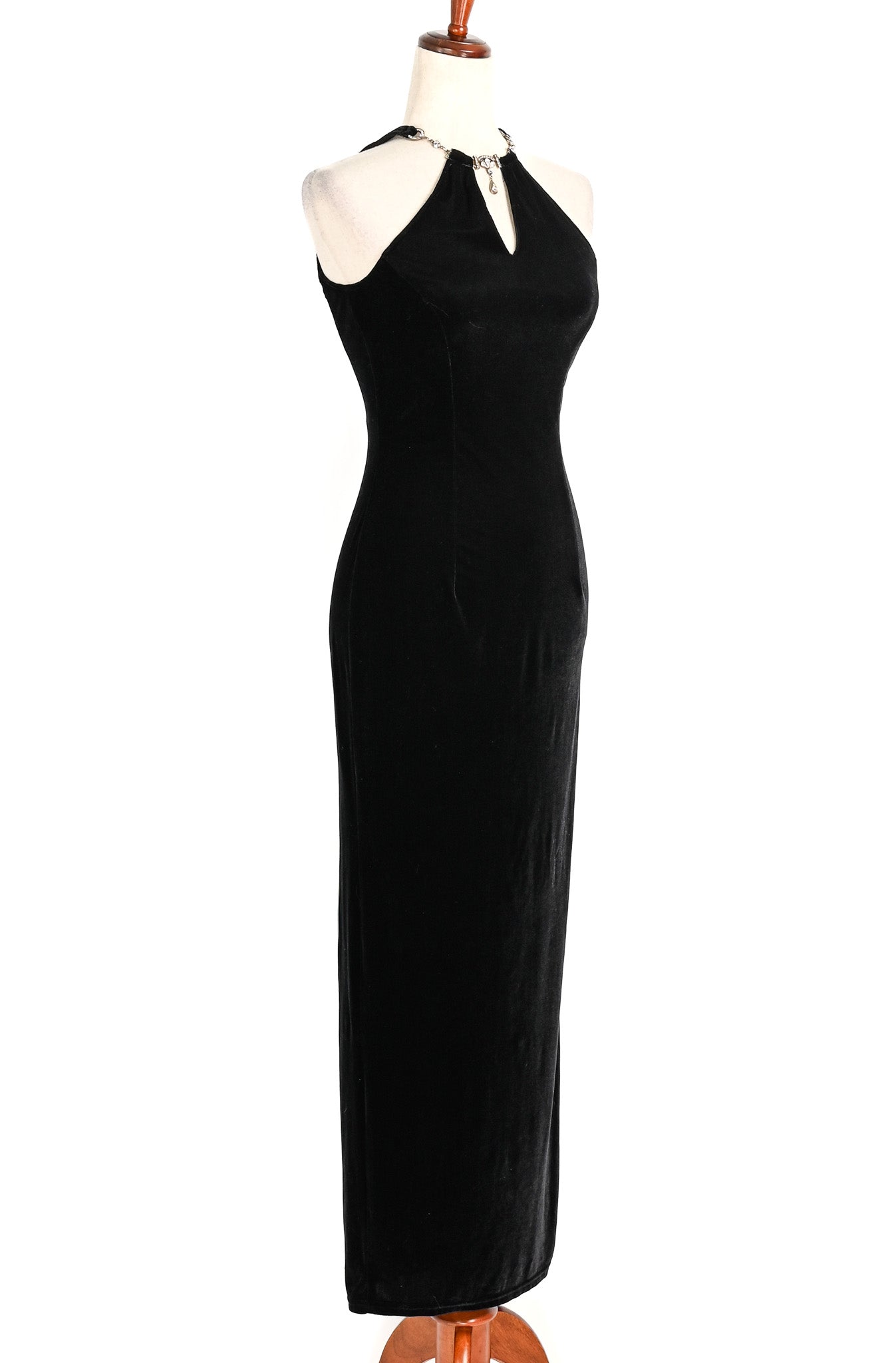 Vintage 90s Black JESSICA McCLINTOCK GUNNE SAX Velvet Rhinestone Halter Maxi Formal Dress