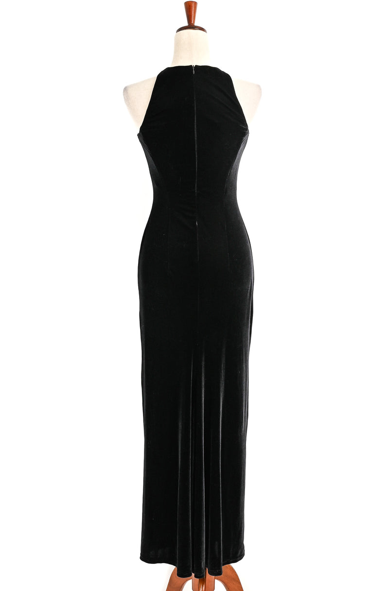 Vintage 90s Black JESSICA McCLINTOCK GUNNE SAX Velvet Rhinestone Halter Maxi Formal Dress