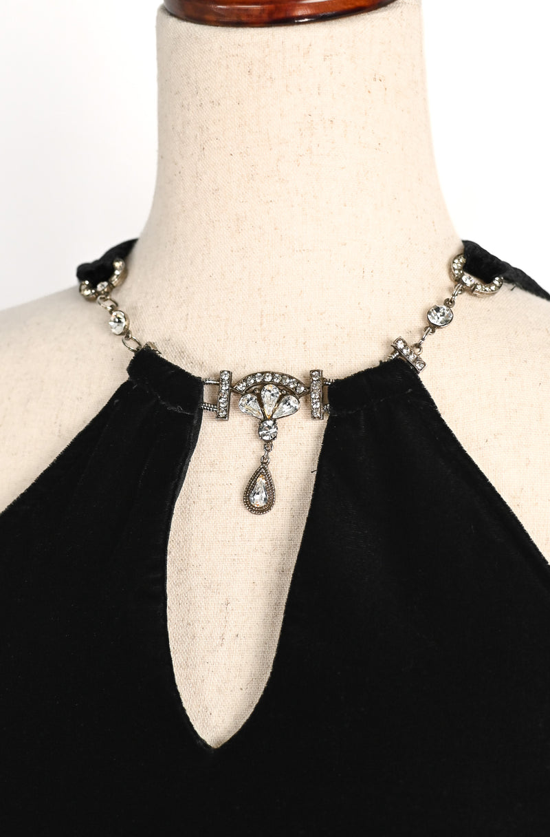 Vintage 90s Black JESSICA McCLINTOCK GUNNE SAX Velvet Rhinestone Halter Maxi Formal Dress