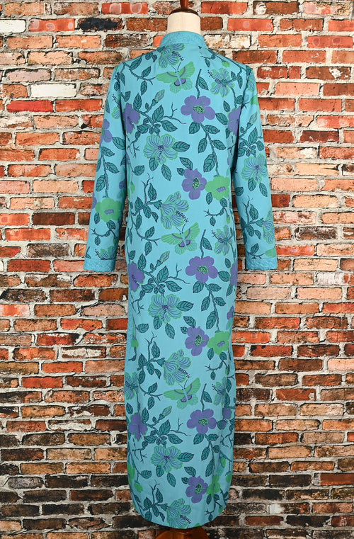 Vintage 60s Blue Floral CHARLES & CO. Chinese Style House Dress Coat - L