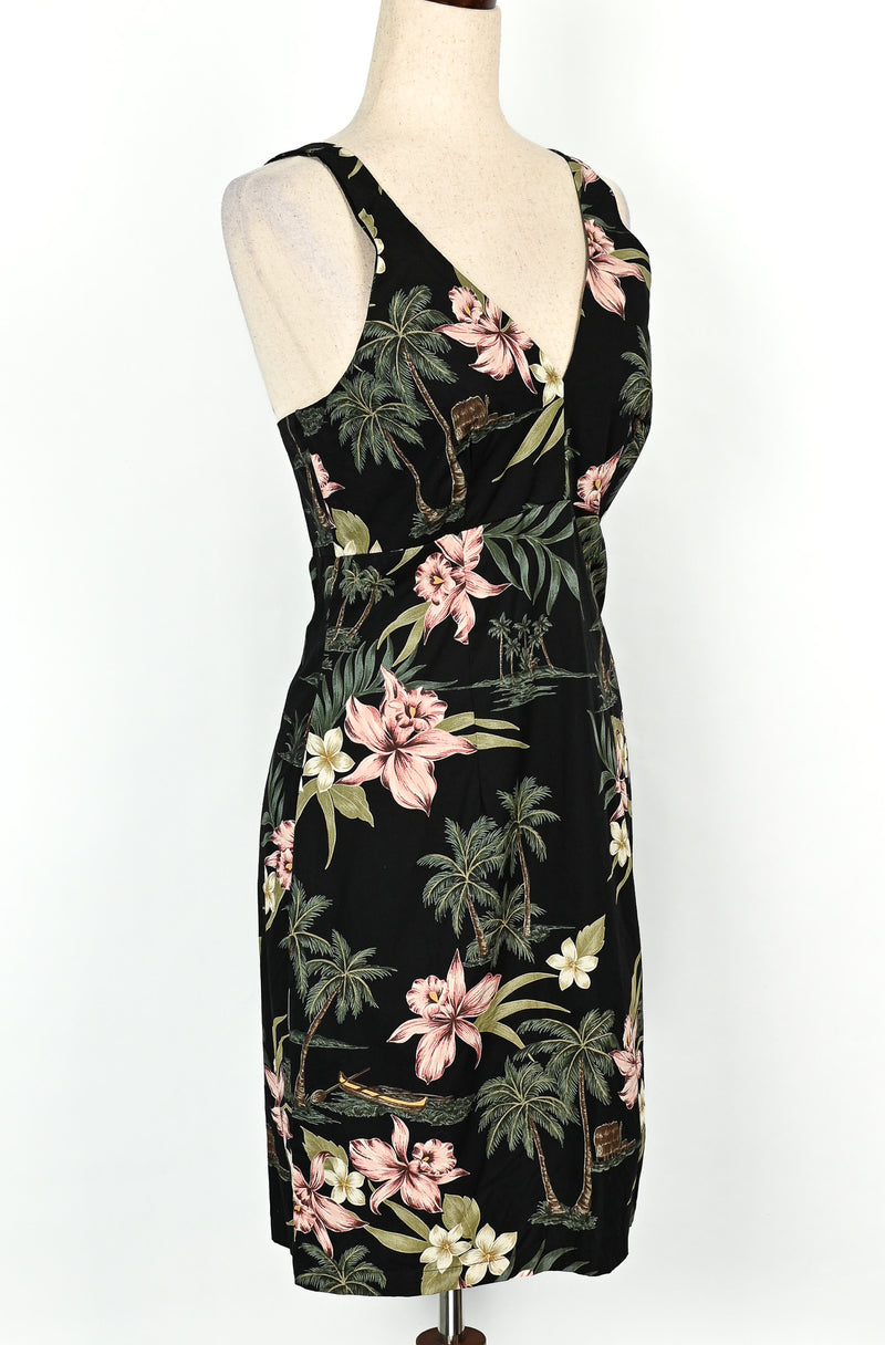 Vintage 80s Black Floral Hawaiian SHANNON MARIE Dress - S