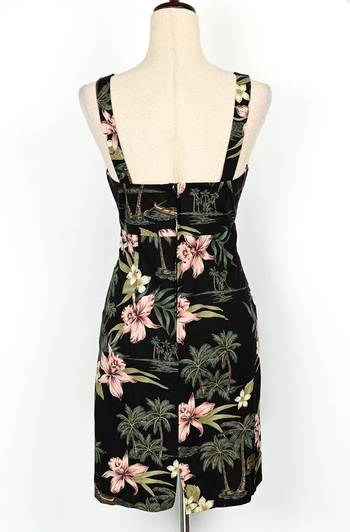 Vintage 80s Black Floral Hawaiian SHANNON MARIE Dress - S