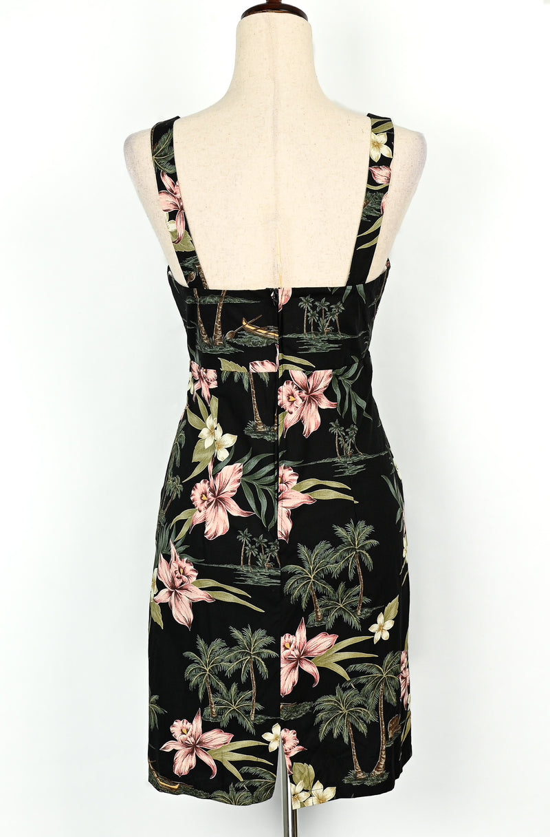 Vintage 80s Black Floral Hawaiian SHANNON MARIE Dress - S