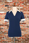 Vintage 70s Navy Blue Knit KOLORTRON BY KORET Big Collar Short Sleeve Shirt - M