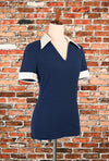 Vintage 70s Navy Blue Knit KOLORTRON BY KORET Big Collar Short Sleeve Shirt - M