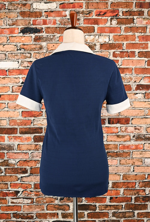 Vintage 70s Navy Blue Knit KOLORTRON BY KORET Big Collar Short Sleeve Shirt - M
