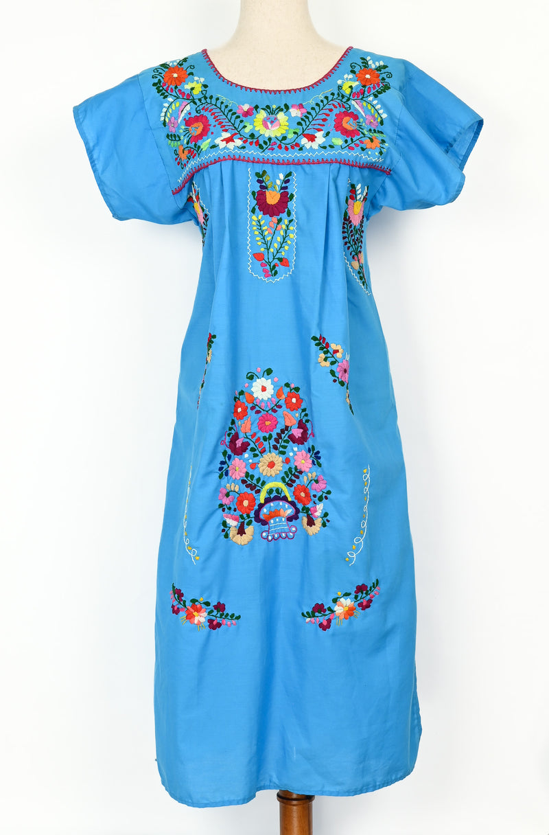 Vintage Blue ARTESANIAS MICKEY Hand Embroidered Oaxacan Mexican Maxi Dress - M