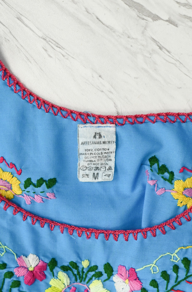 Vintage Blue ARTESANIAS MICKEY Hand Embroidered Oaxacan Mexican Maxi Dress - M