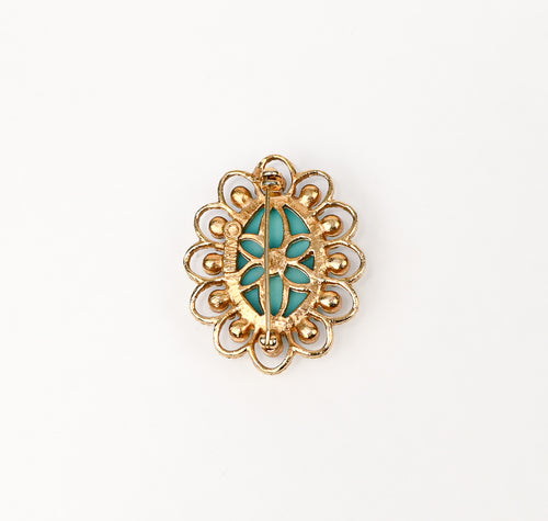 Vintage Gold Tone & Turquoise Cabochon SARAH COVNENTRY Faux Pearl Brooch