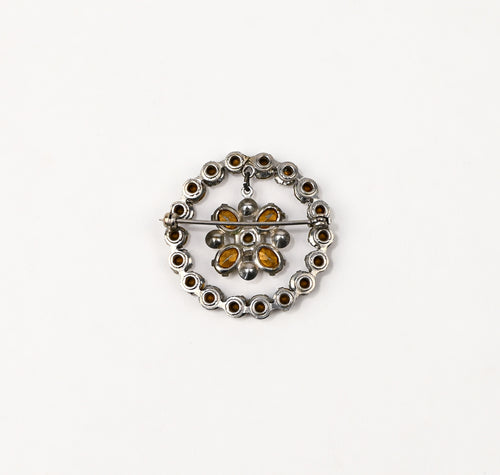 Vintage Silver Tone Rhinestone Circle w/ Flower Middle Brooch Pin
