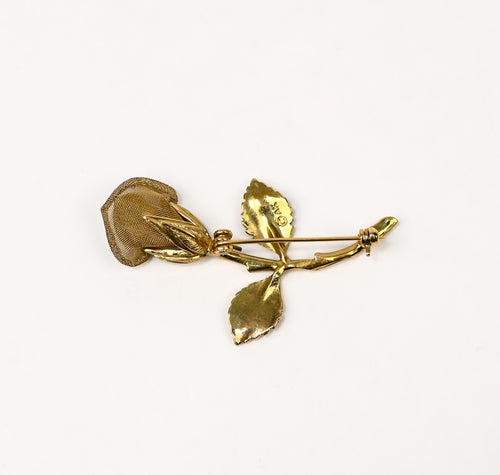 Vintage Gold Tone & Mesh ANNE KLEIN Long Stem Rose Brooch