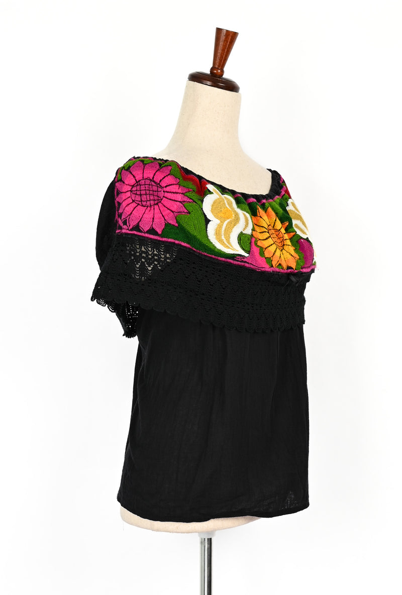 Vintage 70s Black Embroidered Off the Shoulder Mexican Top