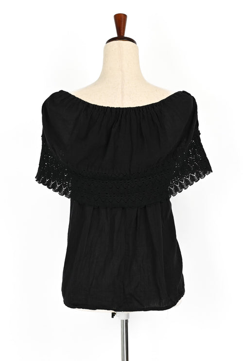 Vintage 70s Black Embroidered Off the Shoulder Mexican Top