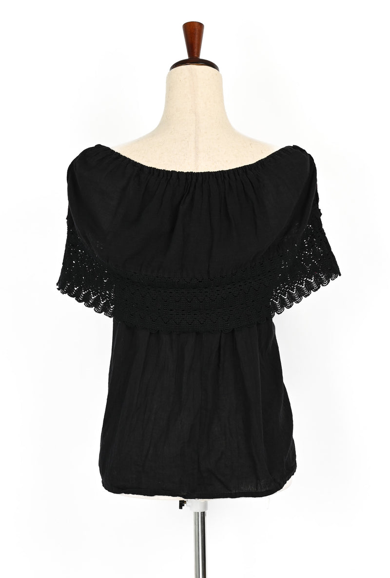 Vintage 70s Black Embroidered Off the Shoulder Mexican Top