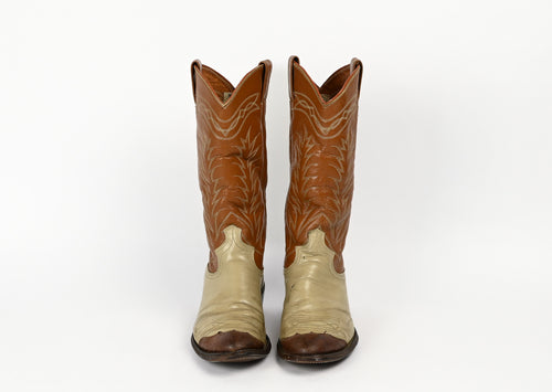 Vintage Beige & Brown JUSTIN Leather Cowboy Boots - 8 D