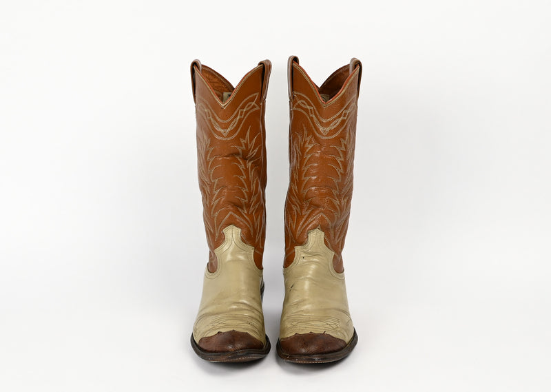 Vintage Beige & Brown JUSTIN Leather Cowboy Boots - 8 D
