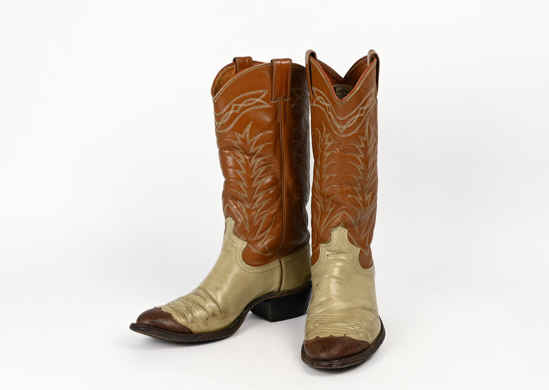 Vintage Beige & Brown JUSTIN Leather Cowboy Boots - 8 D