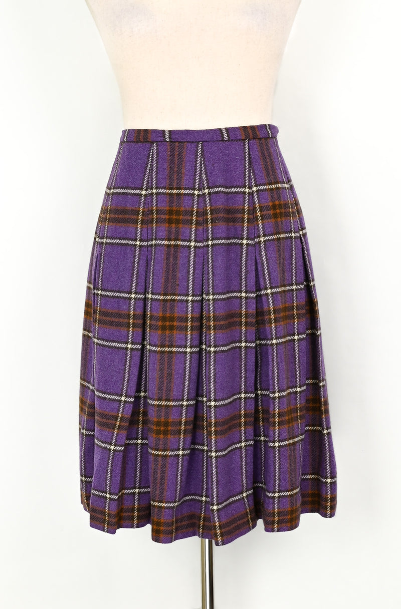 Vintage 70s Purple Plaid GARLAND Pleated Wool High Waisted Skirt