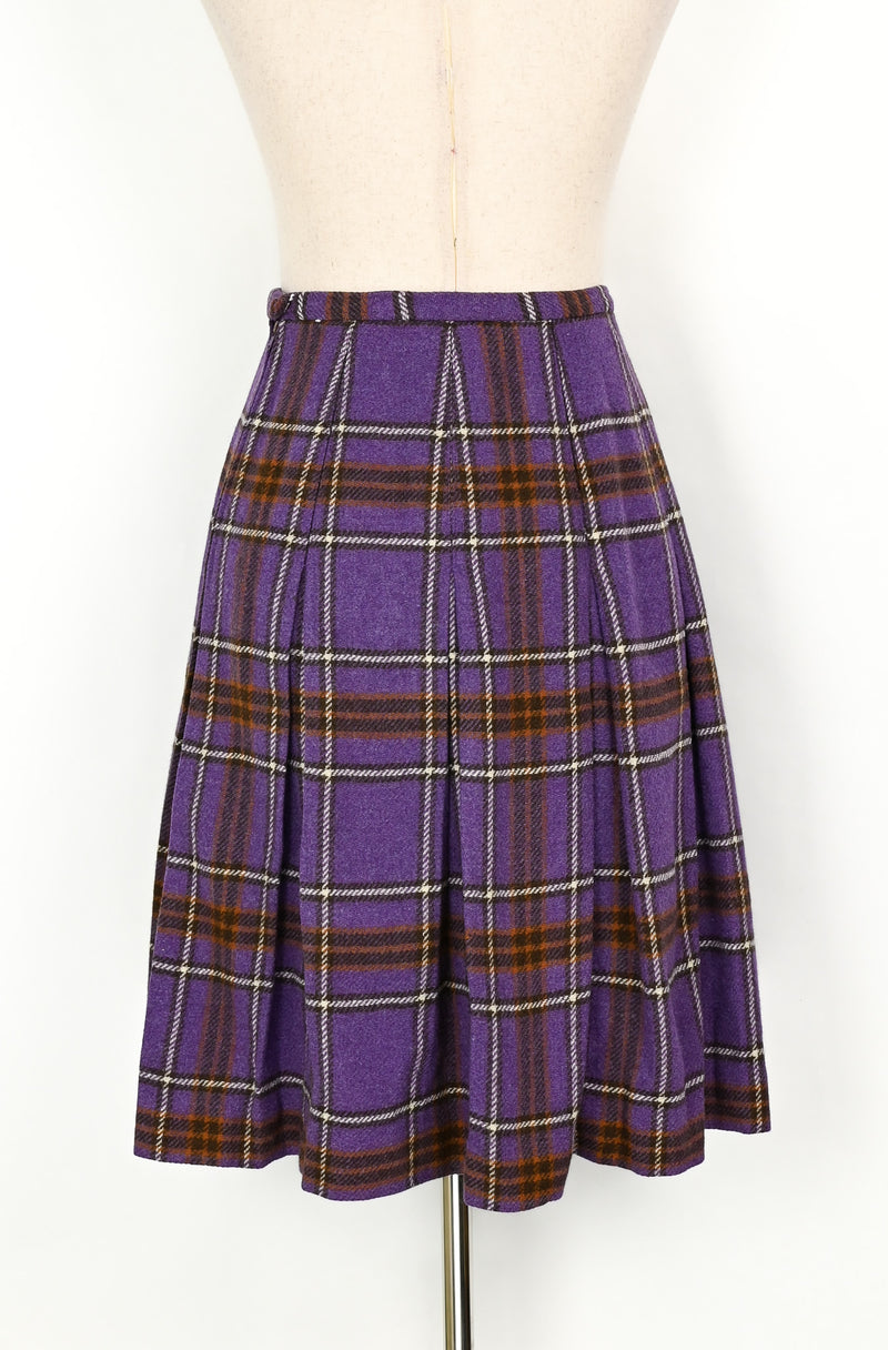 Vintage 70s Purple Plaid GARLAND Pleated Wool High Waisted Skirt