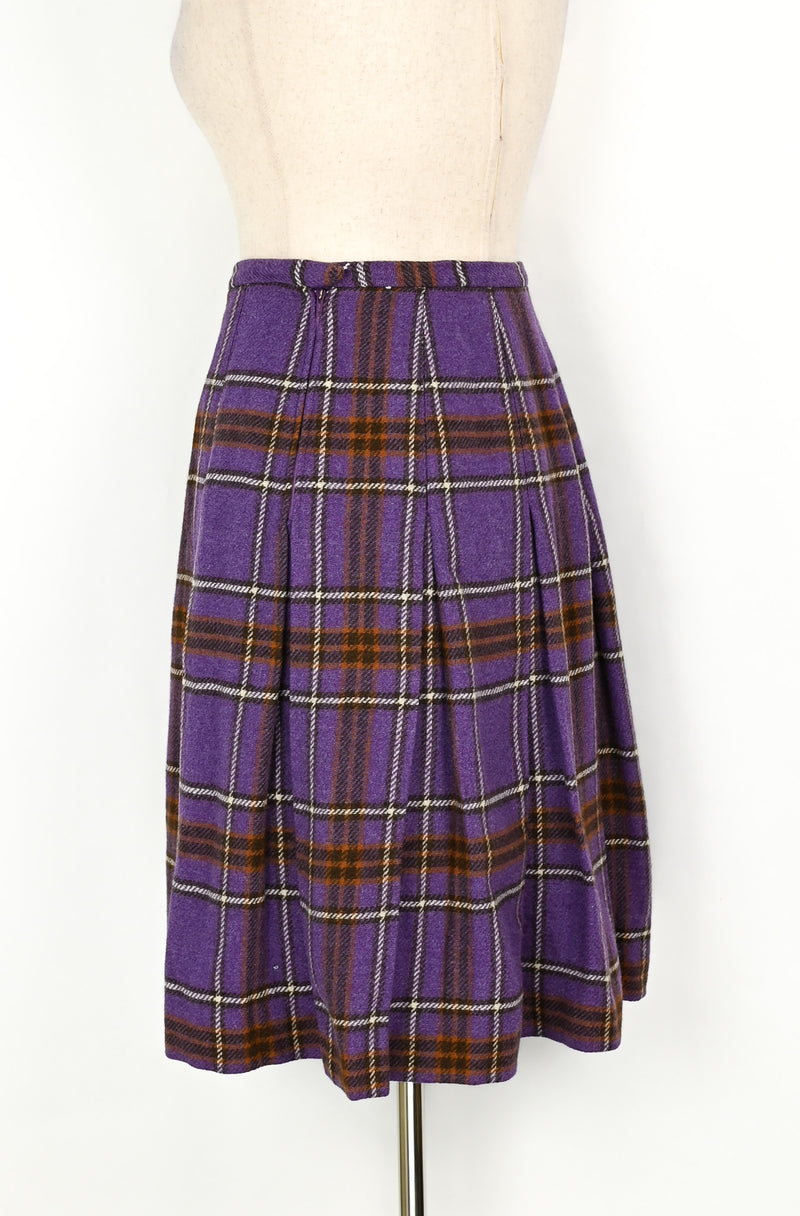Vintage 70s Purple Plaid GARLAND Pleated Wool High Waisted Skirt
