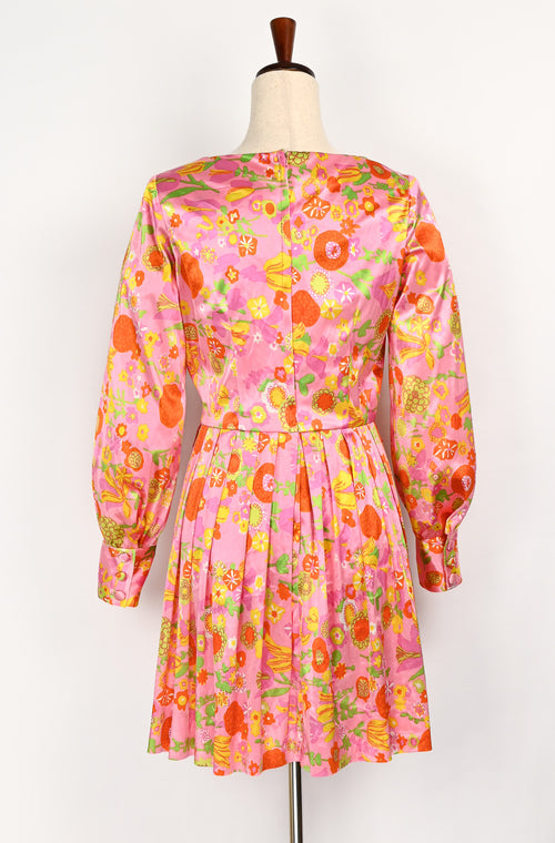 Vintage 60s Pink Floral Satin MISS ADVENTURE Mod Flower Power Long Sleeve Mini Dress