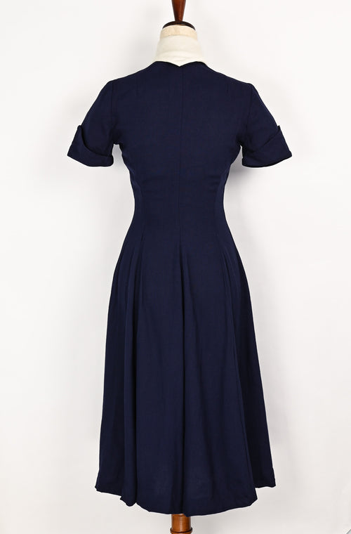 RARE Vintage 40s Dark Blue ORIGINAL JUNIOR BY BERNARD'S Short Sleeve Polyester Dress