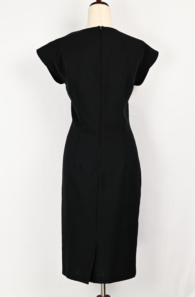 Vintage 80s Black CARY ROBBINS Polyester Midi Sheath Dress - 14