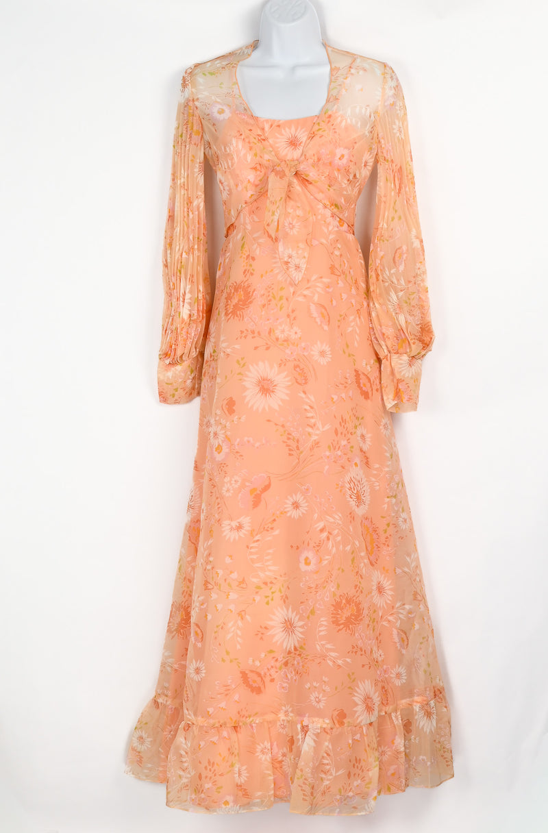 Vintage 70s Orange Sherbet Floral Chiffon Maxi Dress w/ Bolero - 7  Barrio  Boutique