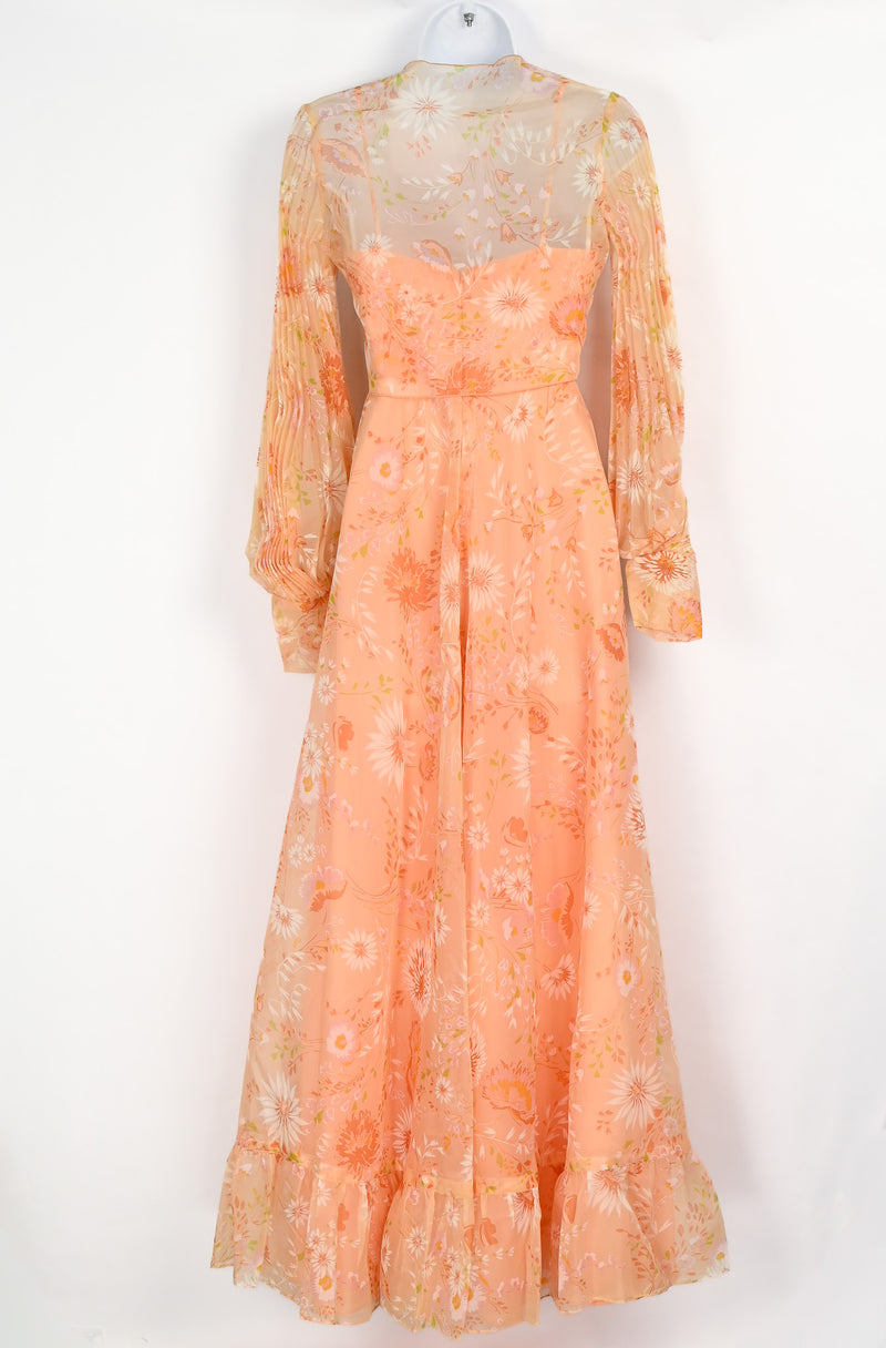 70s chiffon maxi dress Vintage 70s Orange Sherbet Floral Chiffon Maxi Dress w/ Bolero