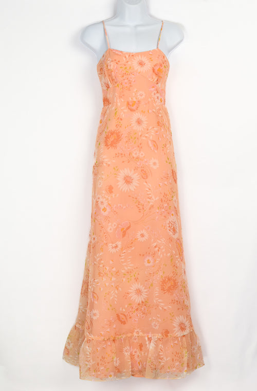 Vintage 70s Orange Sherbet Floral Chiffon Maxi Dress w/ Bolero - 7