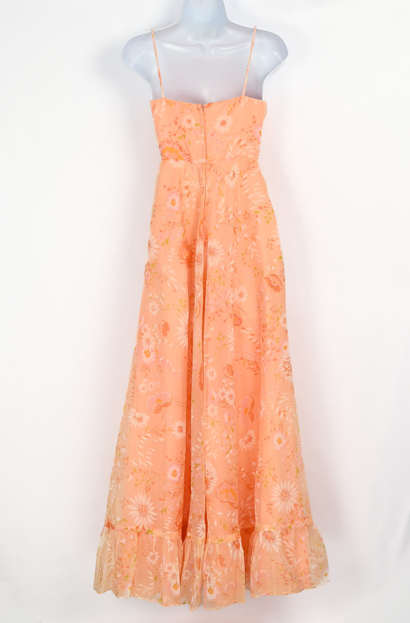 70s chiffon maxi dress Vintage 70s Orange Sherbet Floral Chiffon Maxi Dress w/ Bolero