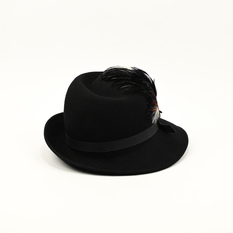 Vintage 40s/50s Black Wool LANCASTER Asymmetrical Brimmed Hat w/ Feather Accent