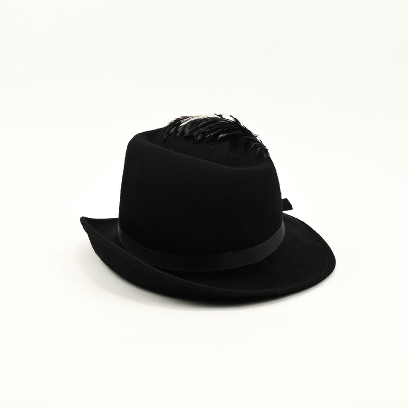 Vintage 40s/50s Black Wool LANCASTER Asymmetrical Brimmed Hat w/ Feather Accent