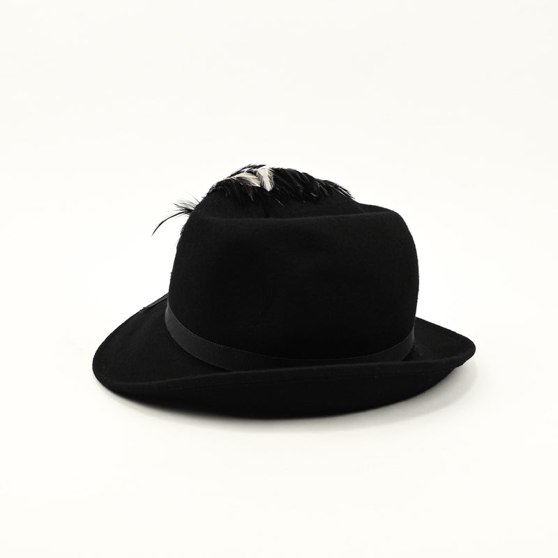 Vintage 40s/50s Black Wool LANCASTER Asymmetrical Brimmed Hat w/ Feather Accent
