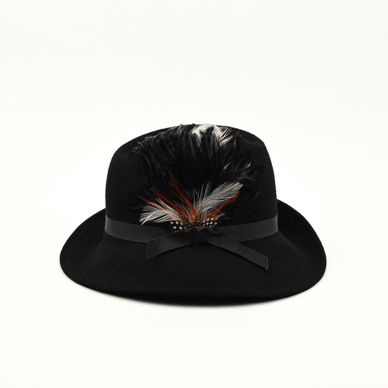 Vintage 40s/50s Black Wool LANCASTER Asymmetrical Brimmed Hat w/ Feather Accent