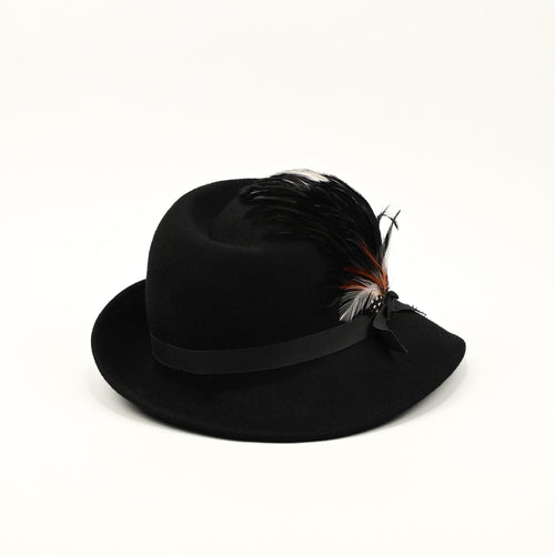 Vintage 40s/50s Black Wool LANCASTER Asymmetrical Brimmed Hat w/ Feather Accent