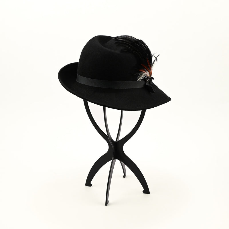 Vintage 40s/50s Black Wool LANCASTER Asymmetrical Brimmed Hat w/ Feather Accent
