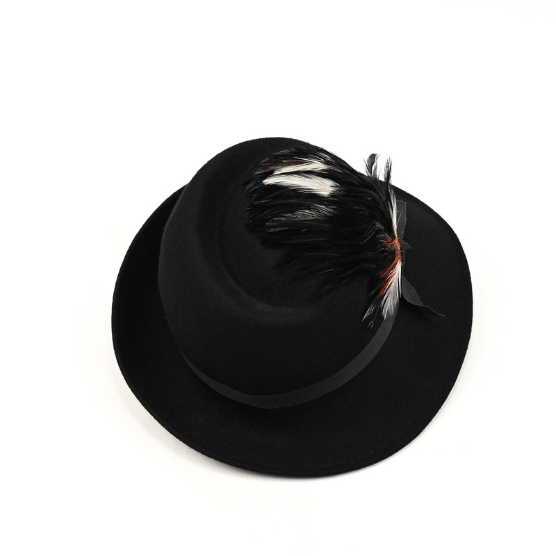 Vintage 40s/50s Black Wool LANCASTER Asymmetrical Brimmed Hat w/ Feather Accent