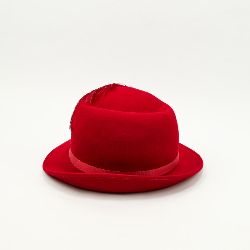 Vintage 40s/50s Red Wool LANCASTER Asymmetrical Brimmed Hat w/ Feather Accent