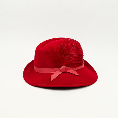 Vintage 40s/50s Red Wool LANCASTER Asymmetrical Brimmed Hat w/ Feather Accent
