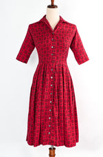 Vintage 70's Red Geometric Print JONATHAN LOGAN Button Up Prairie Dress w/ 3/4 Sleeves