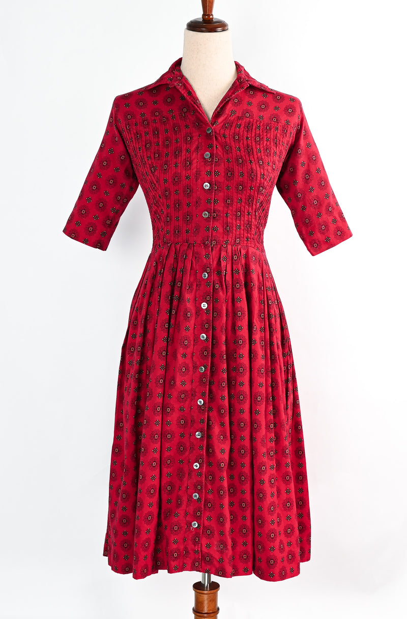 Vintage 70's Red Geometric Print JONATHAN LOGAN Button Up Prairie Dress w/ 3/4 Sleeves