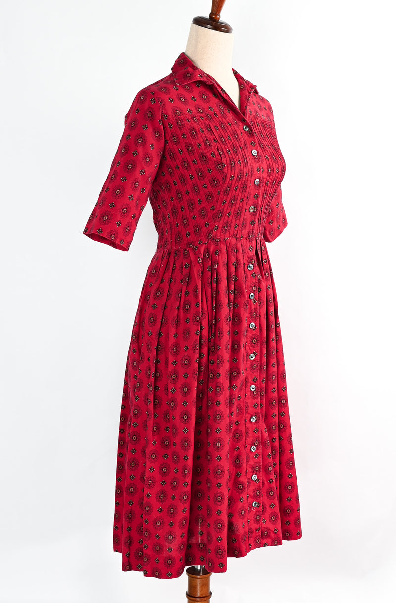 Vintage 70's Red Geometric Print JONATHAN LOGAN Button Up Prairie Dress w/ 3/4 Sleeves