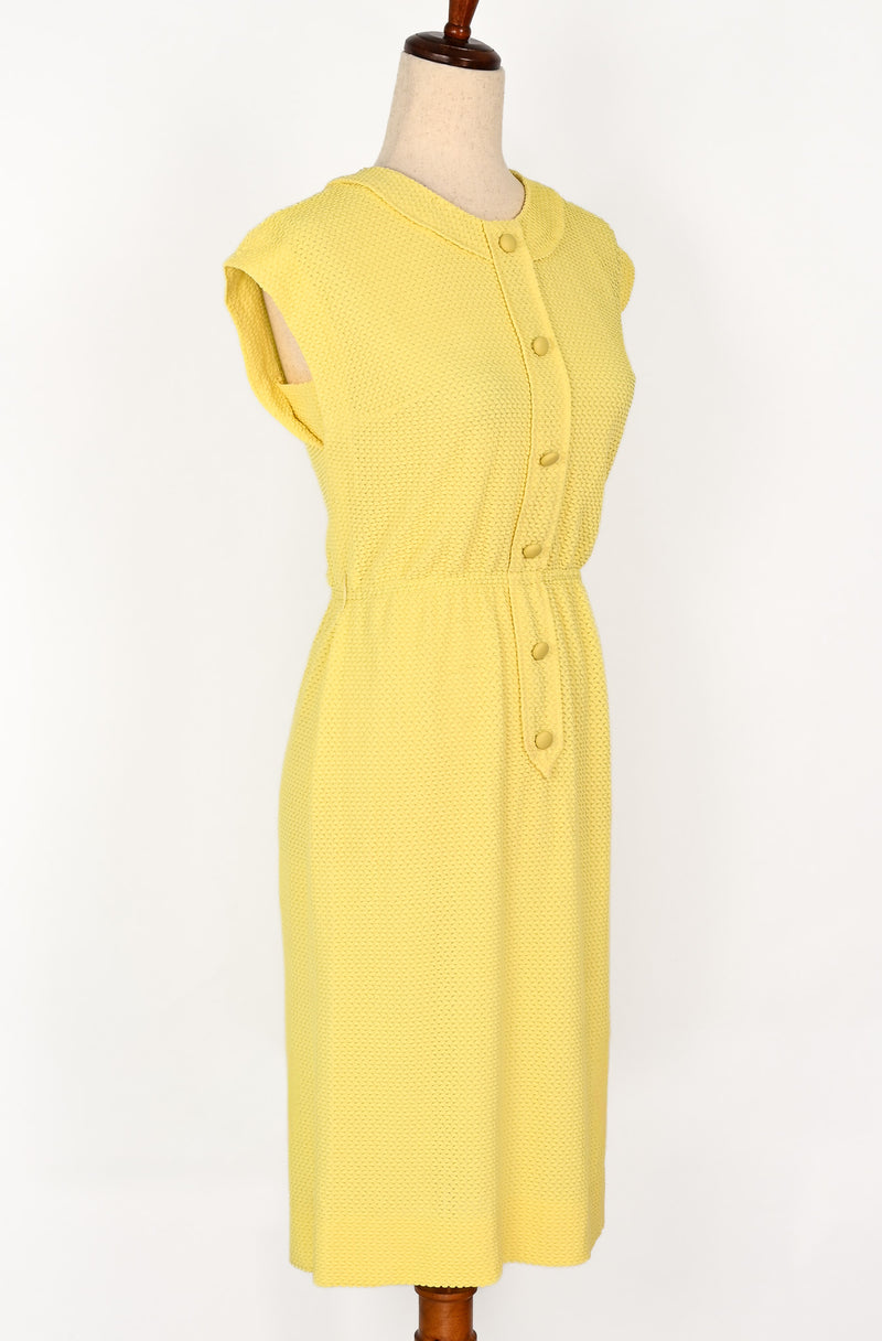 Vintage 50s Yellow Textured Polyester LESLIE FAY Button Up Cap Sleeve Midi Dress Vintage 50s Yellow Textured Polyester LESLIE FAY Button Up Cap Sleeve Midi Dress